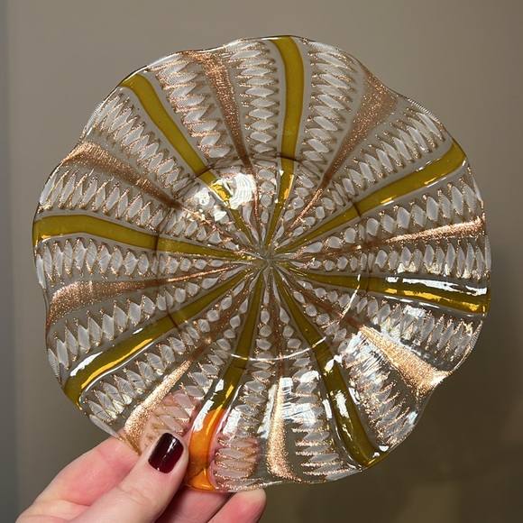 Salviati Murano Venetian Zanfirico & Copper Aventurine Yellow Stripe Glass Plate - Picture 9 of 9